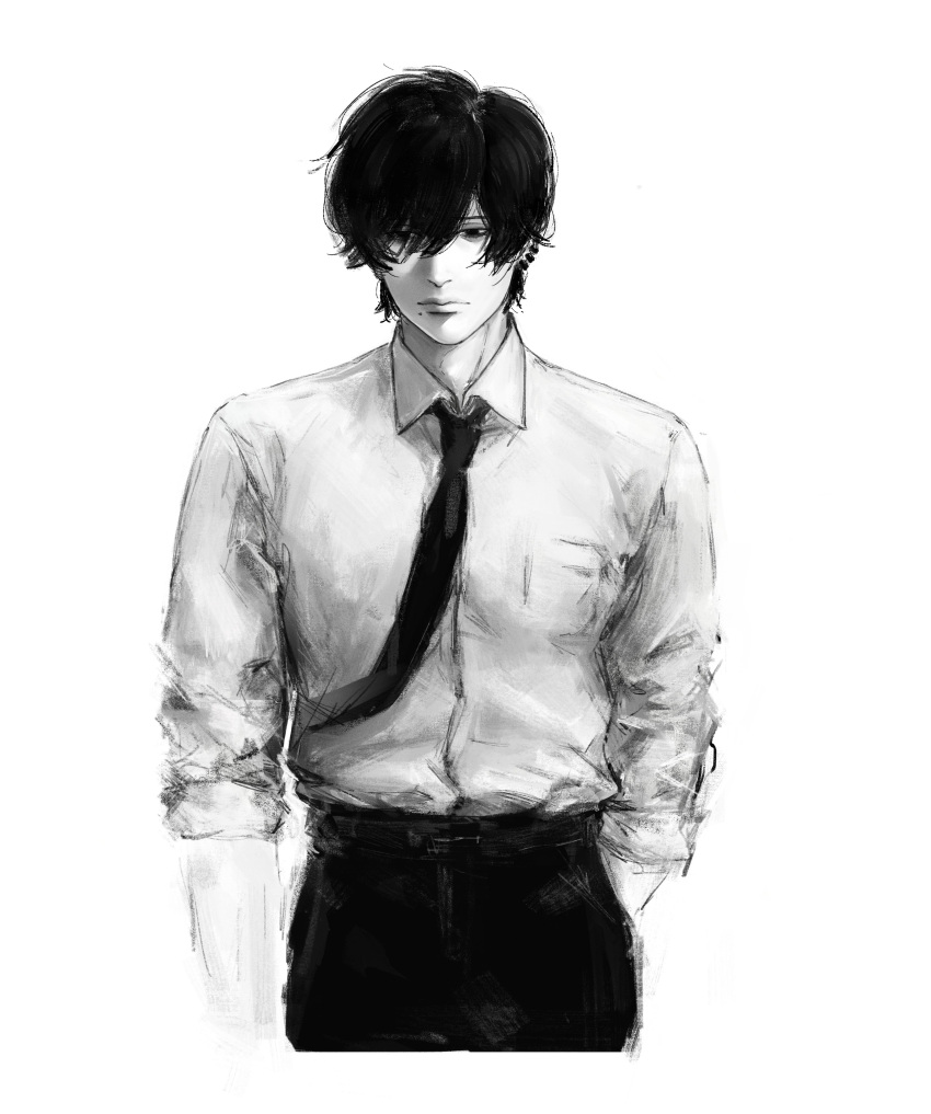 1boy, absurdres, belt, chainsaw_man, closed_mouth, collared_shirt, commentary, cropped_legs