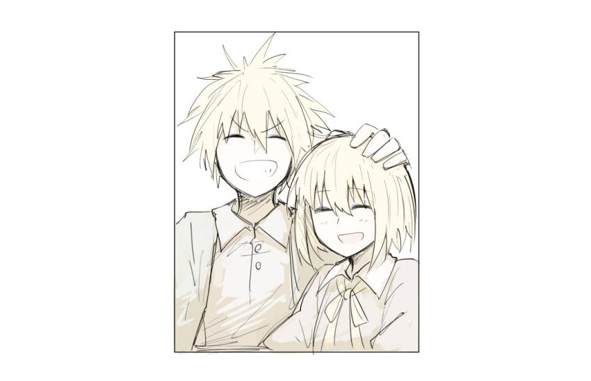 1boy, 1girl, blonde_hair, blot_plot, closed_eyes, collared_shirt, grin, hand_on_another's_head