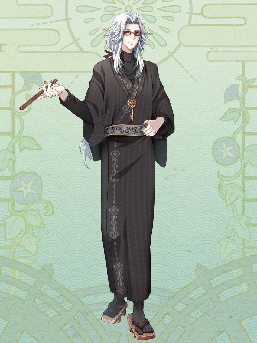 1boy, black-framed_eyewear, black_kimono, black_nails, black_socks, dairoku_ryouhei, folding_fan, full_body