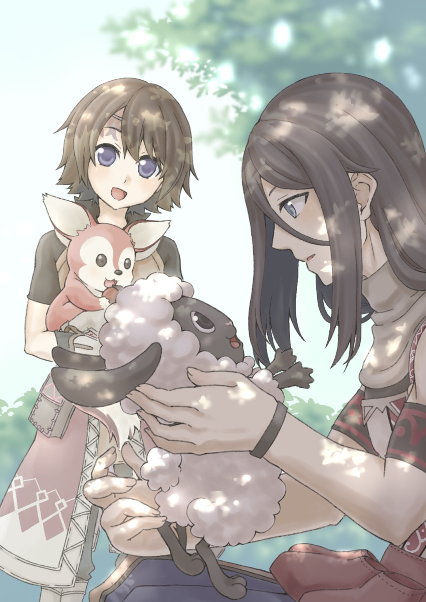 2boys, :d, androgynous, black_eyes, black_hair, blue_eyes, bracelet, brown_hair