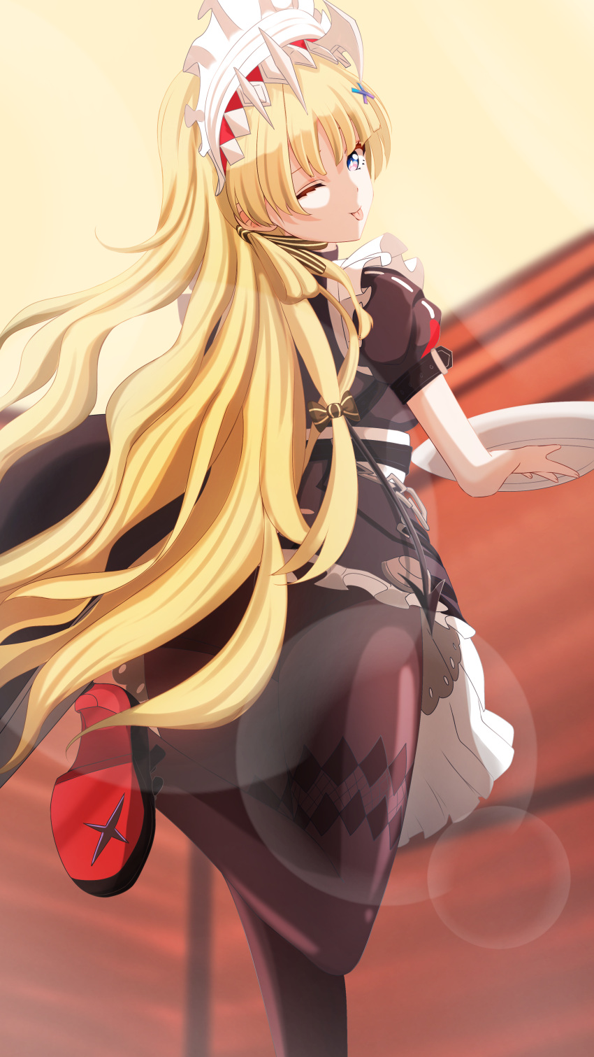 1girl, absurdres, alternate_costume, asutokun_th, black_dress, black_pantyhose, blonde_hair, cosplay