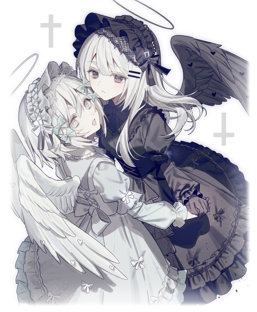2girls, :<, black_dress, black_eyes, black_gloves, black_halo, black_ribbon, black_vs_white, blue_bow, bow, cross, dress, dress_bow, feathered_wings, frilled_dress, frills, gloves, grey_eyes, hair_between_eyes, hair_bow, hair_ornament, hairband, hairclip, halo, highres, hinomiya_shou, holding_hands, inverted_cross, lace, lace_gloves, lolita_fashion, lolita_hairband, long_hair, looking_at_viewer, multiple_girls, neck_ribbon, open_mouth, original, puffy_sleeves, ribbon, short_hair, simple_background, smile, white_background, white_dress, white_hair, white_halo, white_wings, wings