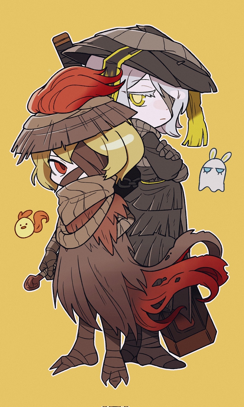 1boy, 1girl, animal_legs, bandage_over_one_eye, black_hanfu, blonde_hair, brown_cloak, brown_feathers