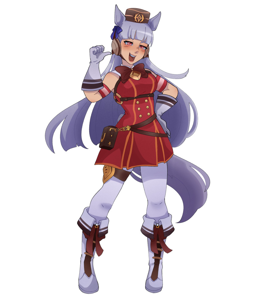 1girl, absurdres, animal_ears, armband, belt_pouch, blunt_bangs, blush, bow, bowtie, breasts, brown_hat, commentary, dress, ear_bow, ear_ribbon, english_commentary, gloves, gold_ship_(red_strife)_(umamusume), gold_ship_(umamusume), grey_hair, hat, highres, horse_ears, horse_girl, horse_tail, long_hair, looking_at_viewer, open_mouth, pantyhose, peppichan, pillbox_hat, pouch, purple_bow, red_armband, red_bow, red_bowtie, red_dress, red_eyes, simple_background, sleeveless, sleeveless_dress, smile, solo, tail, teeth, thigh_strap, umamusume, upper_teeth_only, white_background, white_gloves, white_pantyhose