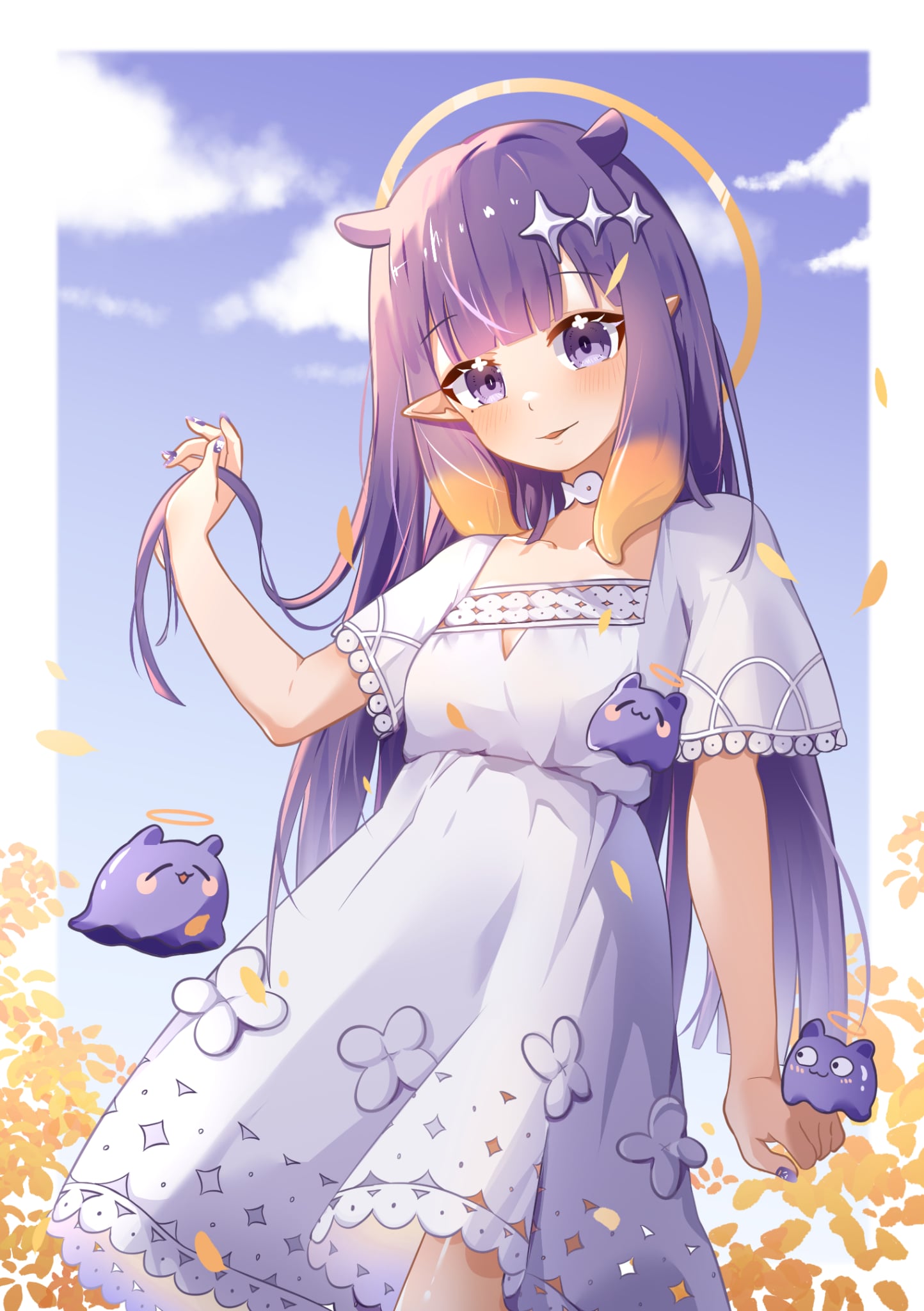 1girl, 8_nana_usagi, alternate_costume, blue_sky, day, dress, gradient_hair, halo