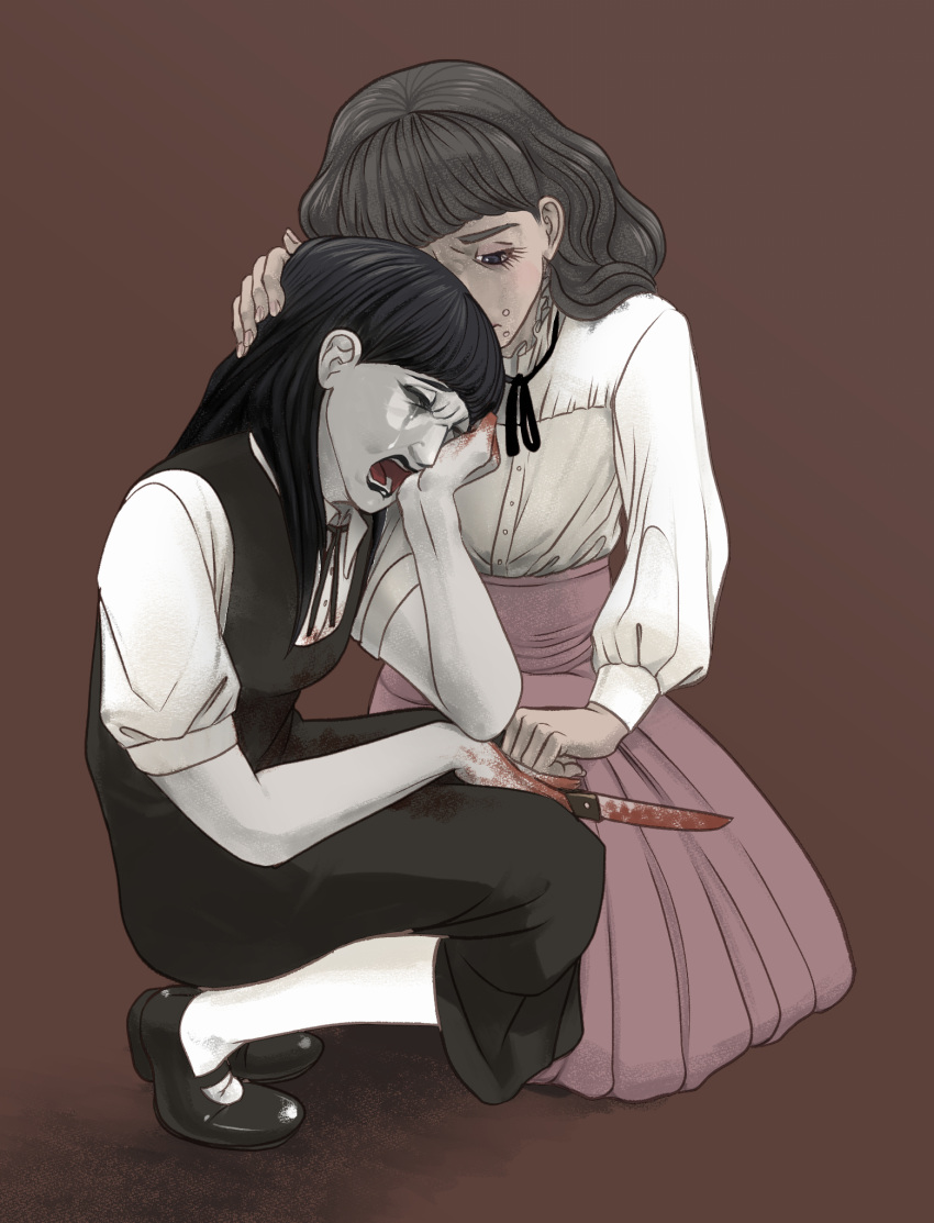 2girls, black_dress, black_hair, black_ribbon, black_shoes, blood, blood_on_clothes, blood_on_hands, blood_on_knife, brown_background, brown_hair, crying, dress, face_piercing, fear_&amp;_hunger_(series), fear_&amp;_hunger_2:_termina, frilled_shirt_collar, frills, full_body, gaspineitor, hand_on_another's_head, highres, holding, holding_knife, kneeling, knife, long_hair, long_sleeves, marina_(fear_&amp;_hunger), mary_janes, mouth_piercing, multiple_girls, neck_ribbon, pale_skin, piercing, pinafore_dress, pink_skirt, ribbon, samarie_(fear_&amp;_hunger), shirt, shirt_tucked_in, shoes, short_sleeves, skirt, sleeveless, sleeveless_dress, socks, squatting, white_shirt, white_socks