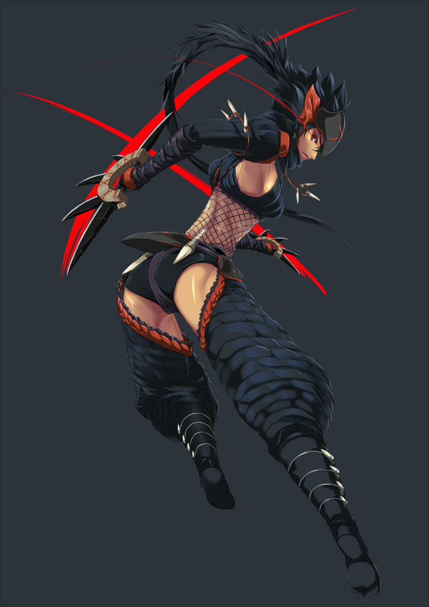 armlet, ass, black_gloves, black_hair, black_panties, blade, capcom, dagger