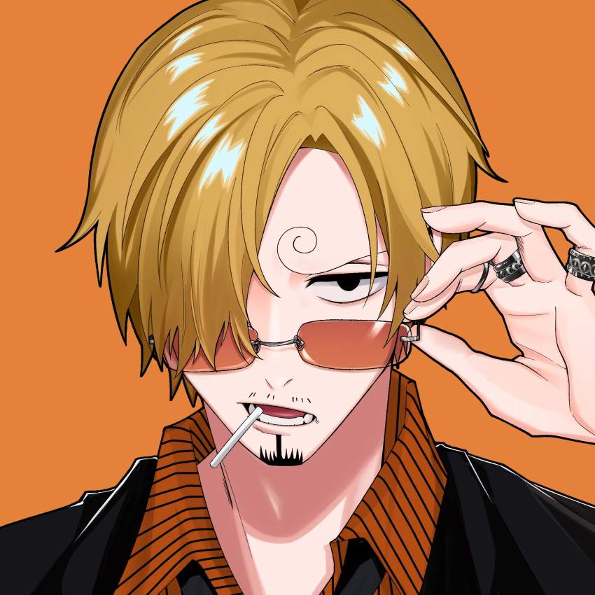 1boy, blonde_hair, cigarette, curly_eyebrows, facial_hair, goatee, hair_over_one_eye, highres