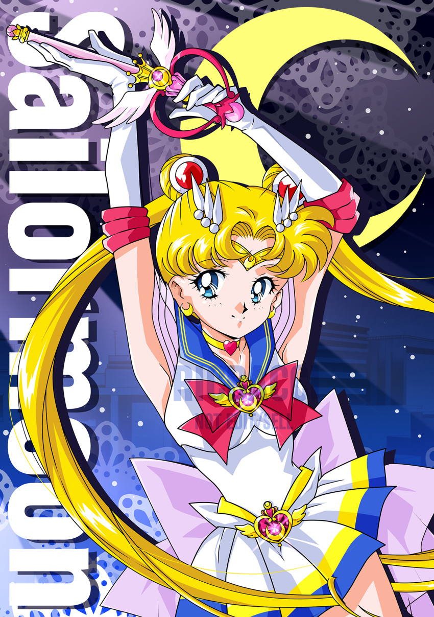 bishoujo_senshi_sailor_moon, blonde_hair, blue_eyes, blue_sailor_collar, bow, brooch, choker, crisis_moon_compact, double_bun, elbow_gloves, gloves, hair_bun, hair_ornament, heart, heart_brooch, heart_choker, highres, jewelry, long_hair, magical_girl, multicolored_skirt, parted_bangs, red_bow, riccardo_bacci, sailor_collar, sailor_moon, sailor_senshi_uniform, skirt, smile, super_sailor_moon, twintails, white_gloves