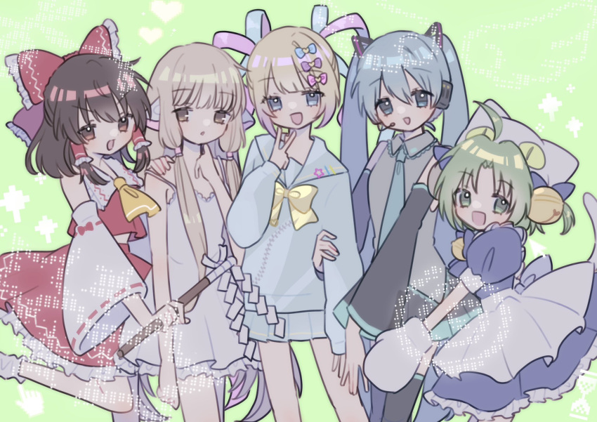 5girls, ahoge, animal_hands, animal_hat, arm_hug, ascot, atat_karubi, bell, black_skirt, black_sleeves, blonde_hair, blue_dress, blue_eyes, blue_hair, blue_necktie, blue_sailor_collar, blue_shirt, blue_skirt, blush, bow, bowtie, brown_eyes, brown_hair, cat_hat, cat_tail, chii, chobits, chouzetsusaikawa_tenshi-chan, collared_shirt, commentary_request, cowboy_shot, crossover, dejiko, detached_sleeves, di_gi_charat, dress, frilled_bow, frilled_hair_tubes, frilled_shirt_collar, frilled_skirt, frills, gloves, gohei, green_background, green_eyes, green_hair, grey_shirt, hair_bell, hair_bow, hair_ornament, hair_tubes, hakurei_reimu, hat, hatsune_miku, headset, heart, highres, holding, holding_gohei, jingle_bell, long_hair, looking_at_viewer, maid, medium_hair, miniskirt, multiple_crossover, multiple_girls, necktie, needy_girl_overdose, open_mouth, paw_gloves, pleated_skirt, puffy_short_sleeves, puffy_sleeves, red_bow, red_shirt, red_skirt, ribbon-trimmed_sleeves, ribbon_trim, sailor_collar, shirt, short_hair, short_sleeves, sidelocks, skirt, skirt_set, sleeveless, sleeveless_shirt, smile, sundress, tail, touhou, v-shaped_eyebrows, very_long_hair, vocaloid, white_dress, white_sleeves, yellow_ascot, yellow_bow, yellow_bowtie