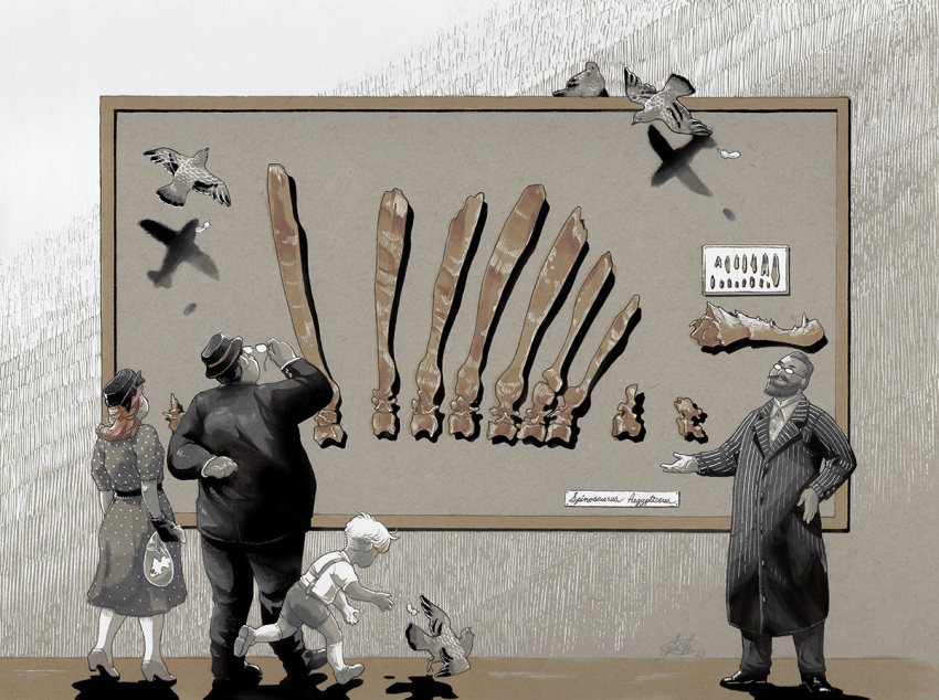 1girl, 3boys, bag, bagged_fish, bird, black_coat, black_hair, black_hat, black_suit, blonde_hair, bone, brown_hair, brown_theme, child, coat, collared_shirt, commentary, dress, english_commentary, feathers, fish, fleebites, fossil, from_behind, glasses, grey_dress, grey_hair, grey_shorts, hat, high_heels, holding, holding_bag, holding_removed_eyewear, multiple_boys, museum, original, paleontology, pigeon, pinstripe_coat, pinstripe_pattern, plaque, polka_dot, polka_dot_dress, running, scientific_name, sepia, shadow, shirt, shorts, spinosaurus, standing, suit, suspenders, traditional_media, unworn_eyewear, vintage_clothes, white_shirt