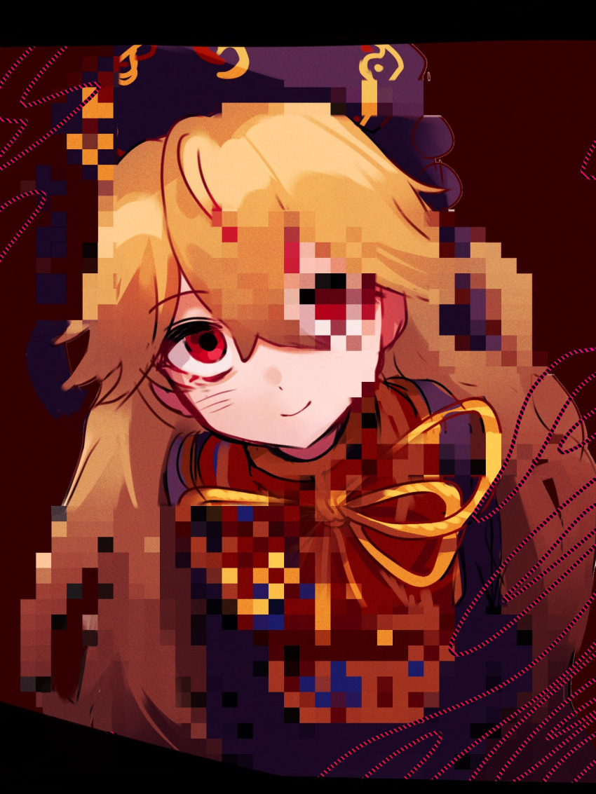 1girl, amadare_rak, black_border, black_dress, black_hat, border, censored, chinese_clothes