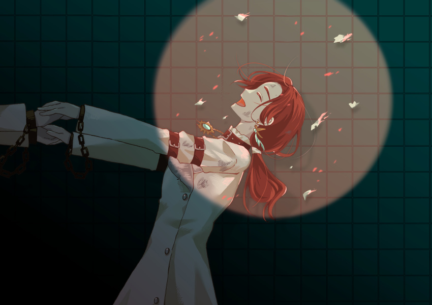 1girl, 1other, chain, closed_eyes, commentary_request, cuffs, facing_up, from_side