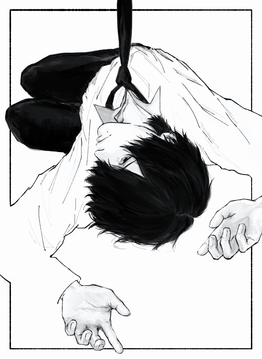1boy, absurdres, border, chainsaw_man, closed_mouth, collared_shirt, fingernails, greyscale