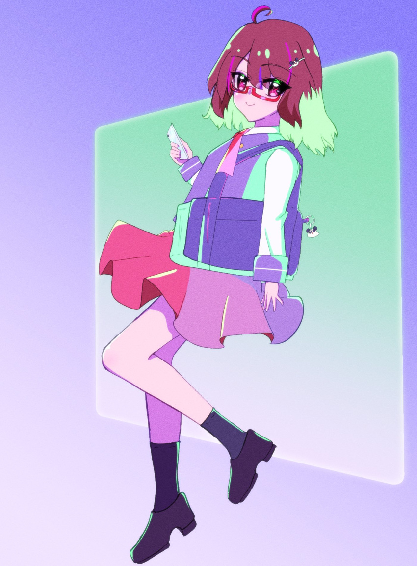 1girl, abstract_background, ahoge, alternate_costume, ascot, bag, black_socks, bone_vone