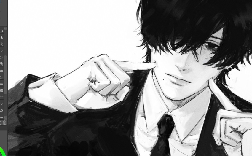 1boy, art_program_in_frame, bags_under_eyes, chainsaw_man, closed_mouth, collared_shirt, commentary, ear_piercing