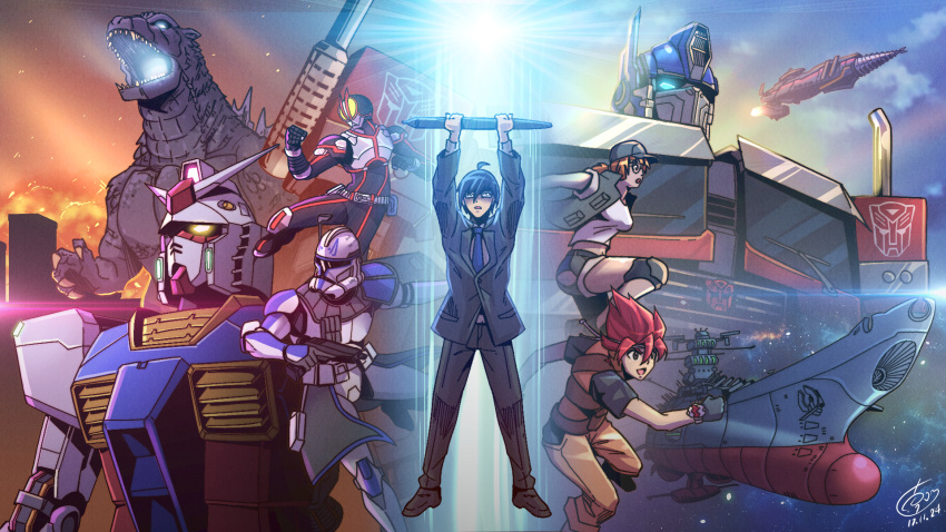 1girl, 4boys, artist_self-insert, autobot, baseball_cap, black_gloves, black_jacket, black_pants