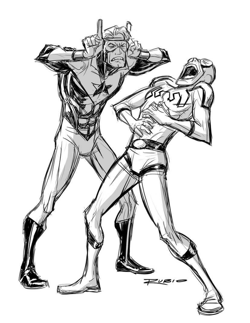 2boys, blue_beetle, bobby_rubio, booster_gold, dc_comics, full_body, greyscale, imitating