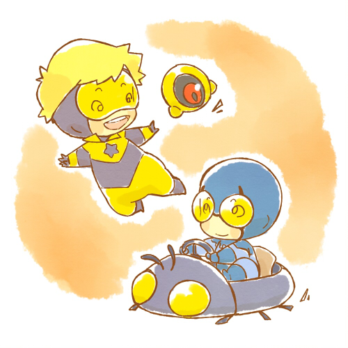 blue_beetle, booster_gold, chibi, dc_comics, flying, friends, happy, lowres