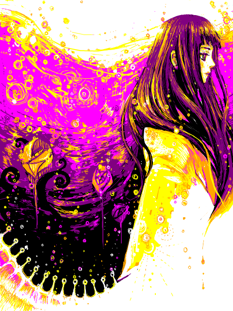 1girl, bubble, canterari, commentary_request, cowboy_shot, from_side, funayuurei_(mononoke), japanese_clothes, kimono, limited_palette, long_hair, looking_ahead, mononoke, oyou, profile, purple_background, tegaki, underwater, very_long_hair