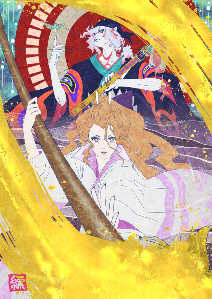1boy, 1girl, absurdres, asa_(mononoke), bandana, black_nails, blue_bandana, blue_eyeshadow, blue_kimono, blue_lips, bright_pupils, brown_eyes, checkered_sash, collarbone, colored_tips, commentary_request, drawing_on_fourth_wall, eyelashes, eyeshadow, facepaint, fingernails, gekijouban_mononoke, giant_brush, green_eyes, grey_background, grey_hair, hair_pulled_back, hanada_tsumi, hands_up, highres, hikimayu, holding, holding_paintbrush, holding_weapon, index_finger_raised, japanese_clothes, kimono, kusuriuri_(gekijouban_mononoke), lipstick, long_bangs, long_fingernails, long_hair, long_sidelocks, looking_at_viewer, low-tied_sidelocks, makeup, medium_hair, mononoke, multicolored_hair, multicolored_kimono, neck_tattoo, obi, ofuda, oil-paper_umbrella, orange_hair, orange_kimono, paint, paintbrush, painting_(action), pale_skin, paper_texture, parted_lips, pink_background, pink_hair, pointy_ears, print_kimono, purple_kimono, purple_sash, rain, red_eyeshadow, red_umbrella, sash, scale_(mononoke), seal_impression, sharp_fingernails, sidelocks, streaked_hair, sword_of_exorcism, tattoo, turning_head, two-tone_hair, umbrella, weapon, white_kimono, white_pupils