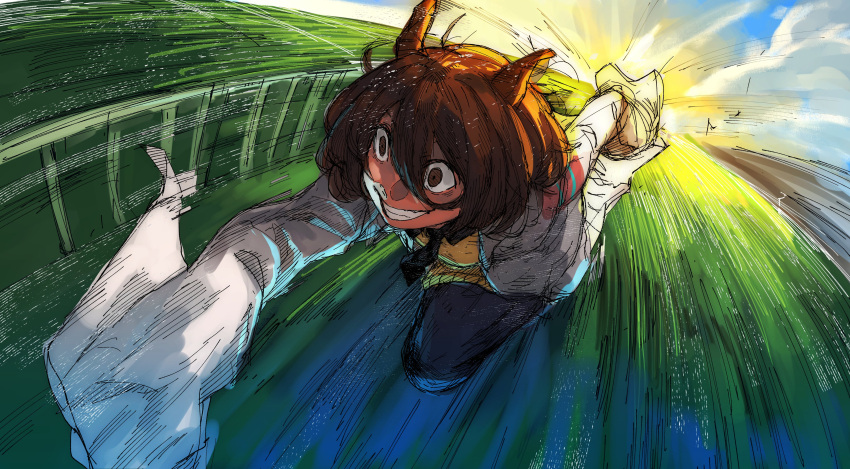 1girl, absurdres, agnes_tachyon_(tach-nology)_(umamusume), agnes_tachyon_(umamusume), animal_ears, beffen_m, black_pants, blue_sky