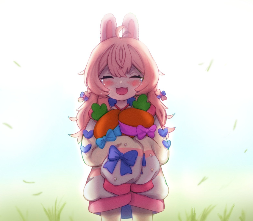 1girl, :3, ahoge, animal_ears, bow, closed_eyes, cowboy_shot, crying