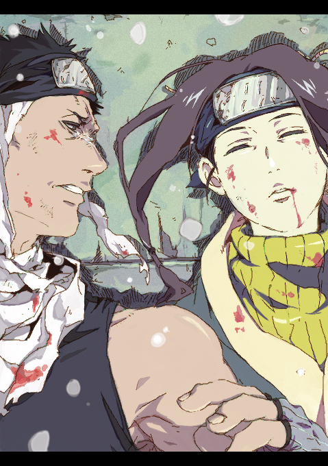 2boys, artist_request, bandage, black_hair, blood, death, eyes_closed, haku_(naruto), headband, kirigakure_symbol, momochi_zabuza, multiple_boys, naruto, snow, source_request, spoilers, tears