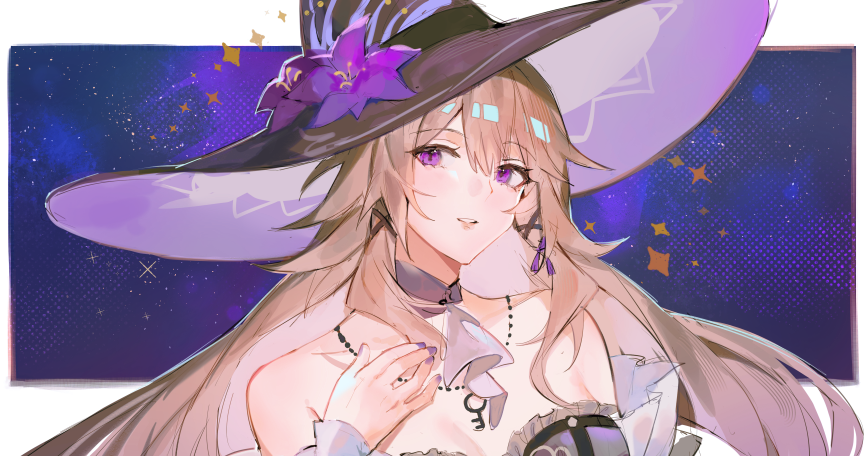1girl, black_hat, flower, hat, hat_flower, herta_(honkai:_star_rail), honkai:_star_rail, honkai_(series), jewelry, key, key_necklace, necklace, official_alternate_design, purple_flower, purple_hat, purple_nails, solo, the_herta_(honkai:_star_rail), tomodurien, upper_body, violet_eyes, witch_hat