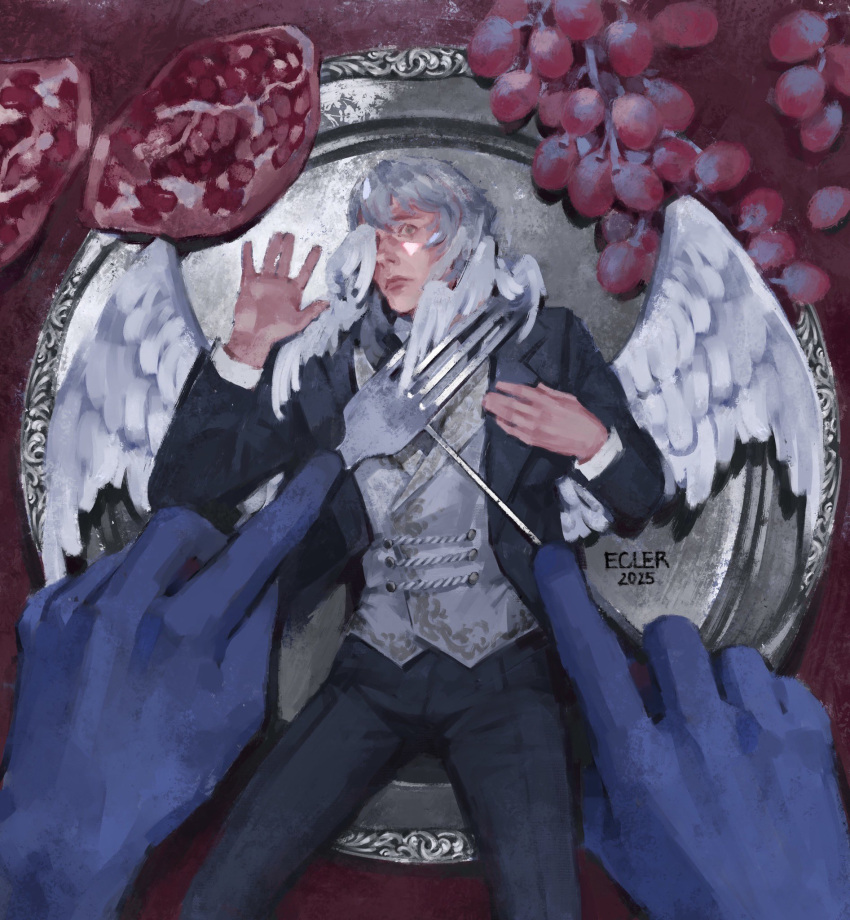 1boy, \||/, black_coat, blue_gloves, coat, ecler_ecler, feathered_wings, food