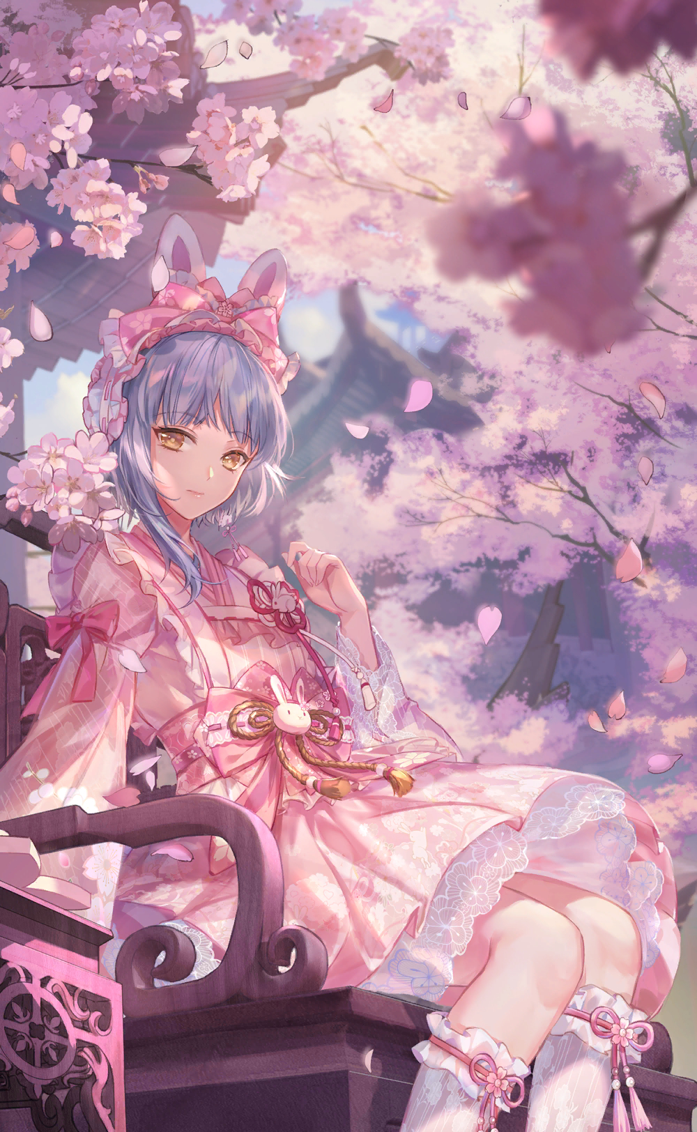 1girl, animal_ear_hairband, animal_ears, architecture, artist_request, blue_sky, blunt_bangs, bow