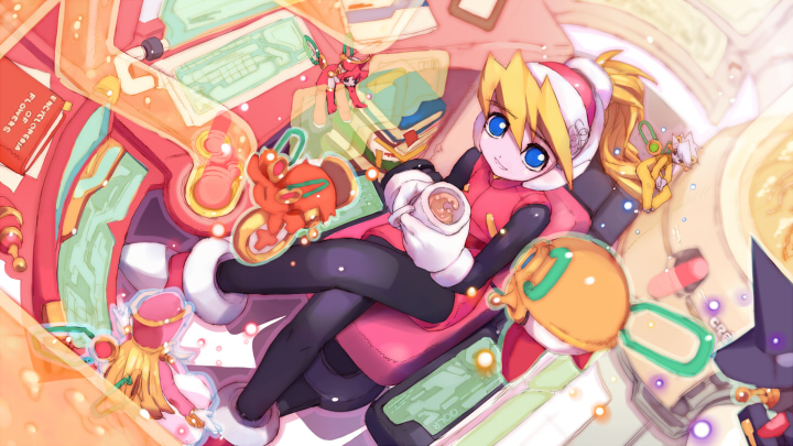 3girls, 6+others, black_hat, black_pantyhose, blonde_hair, blue_eyes, body_armor, bodystocking, book, ciel_(mega_man), clenched_teeth, coffee, coffee_mug, computer, computer_keyboard, crossed_legs, cup, cyber_elf_(mega_man), detached_wings, gloves, gun, halo, hat, helmet, high_heels, high_ponytail, holding, holding_cup, indoors, long_hair, looking_at_another, looking_at_viewer, may_(nicoseiga_32709921), mechanical_ears, mega_man_(series), mega_man_zero_(series), monitor, mug, multiple_girls, multiple_others, no_armor, pantyhose, pink_hat, pink_helmet, pink_top, ponytail, short_hair, sitting, smile, studio, teeth, tube, weapon, white_gloves, white_hair, wings, yellow_halo