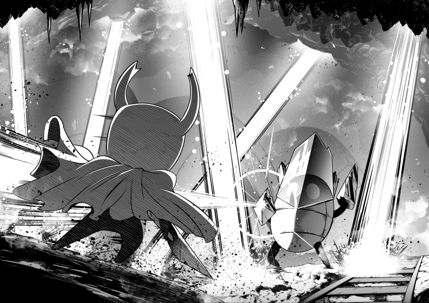 2others, cape, commentary_request, crystal, crystal_guardian_(hollow_knight), energy_beam, greyscale, highres