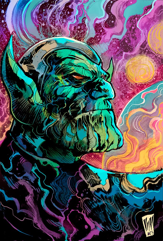 1boy, artist_name, black_bodysuit, black_hat, bodysuit, closed_mouth, colored_skin, fantastic_four, galaxy, green_skin, guardians_of_the_galaxy, hat, in_orbit, looking_to_the_side, marvel, mixed_media, nebula, planet, pointy_ears, red_eyes, science_fiction, signature, skrull, solo, space, star_(sky), super-skrull, vinartwork, western_comics_(style)