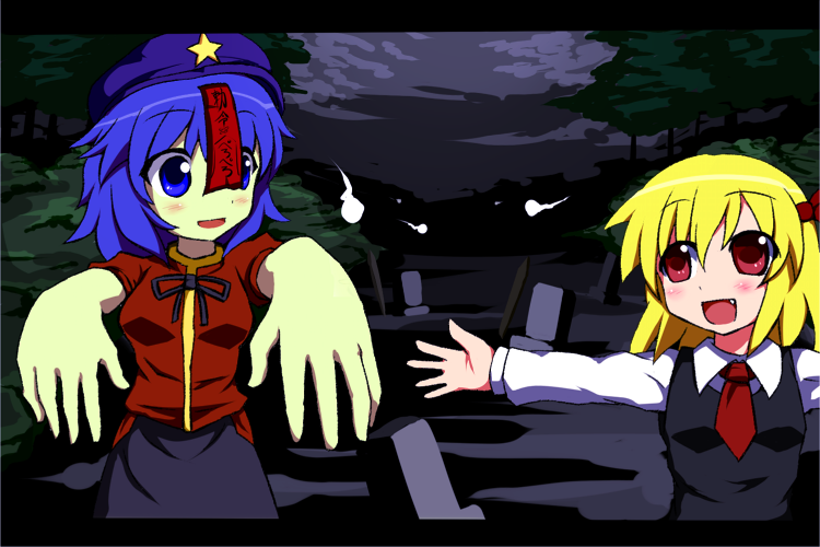 2girls, blonde_hair, blue_eyes, blue_hair, blush, bow, fang, hair_bow