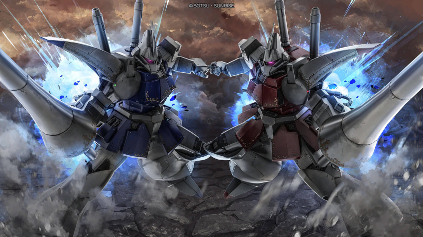 absurdres, asteroid, battle, copyright_notice, debris, dust, dust_cloud, gazu-l