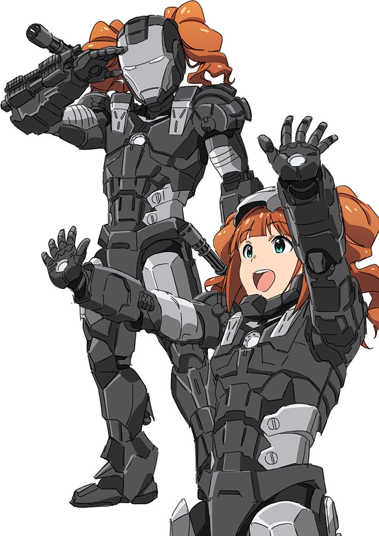 1girl, aqua_eyes, armor, cosplay, gatling_gun, idolmaster, idolmaster_(classic), iron_man_(series)