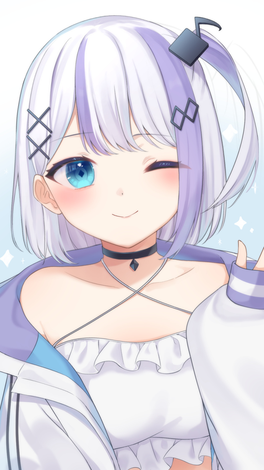 1girl, amakami_konomi_(artist), aqua_eyes, blue_eyes, eighth_note, grey_hair, hair_ornament, highres