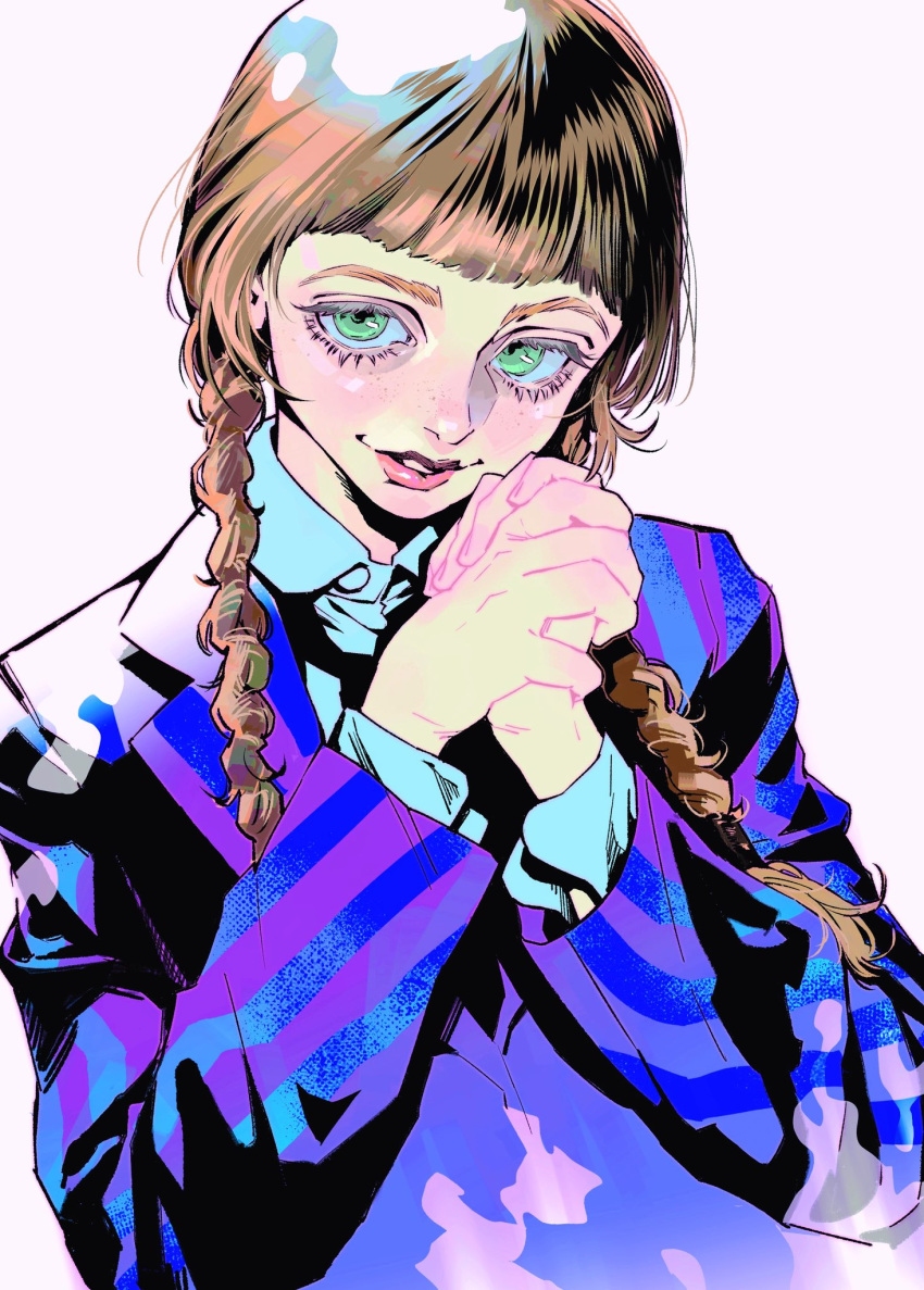 1girl, aaakokoro, addams_family, agnes_demille, black_necktie, blazer, blush, braid