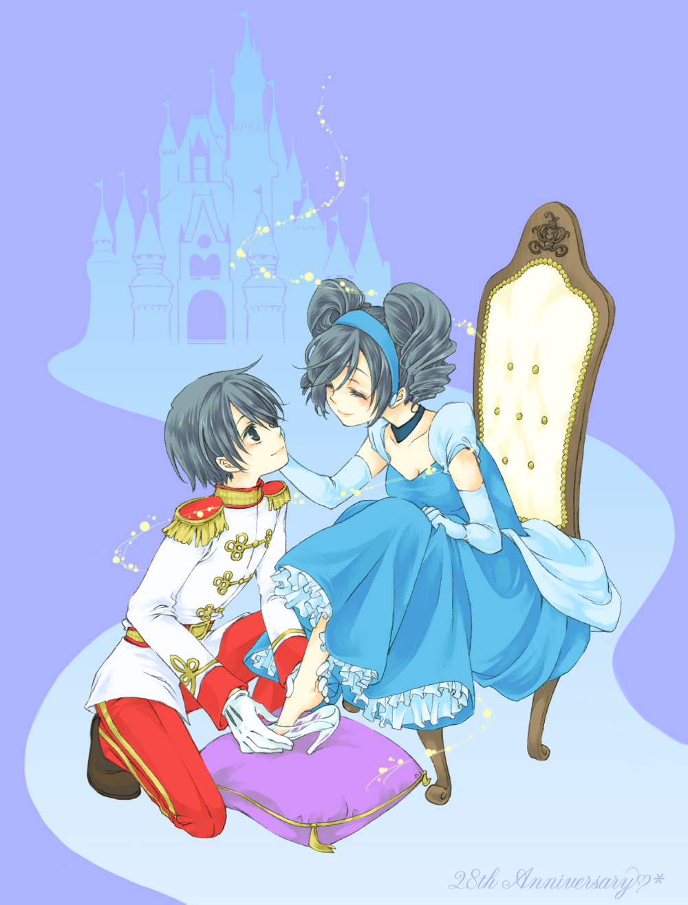 1girl, black_hair, castle, cinderella, couple, disney, dress, drill_hair