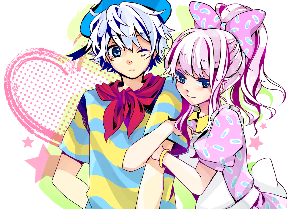 1girl, apron, arm_hug, blue_eyes, bonne_c, bow, couple, daisy_duck