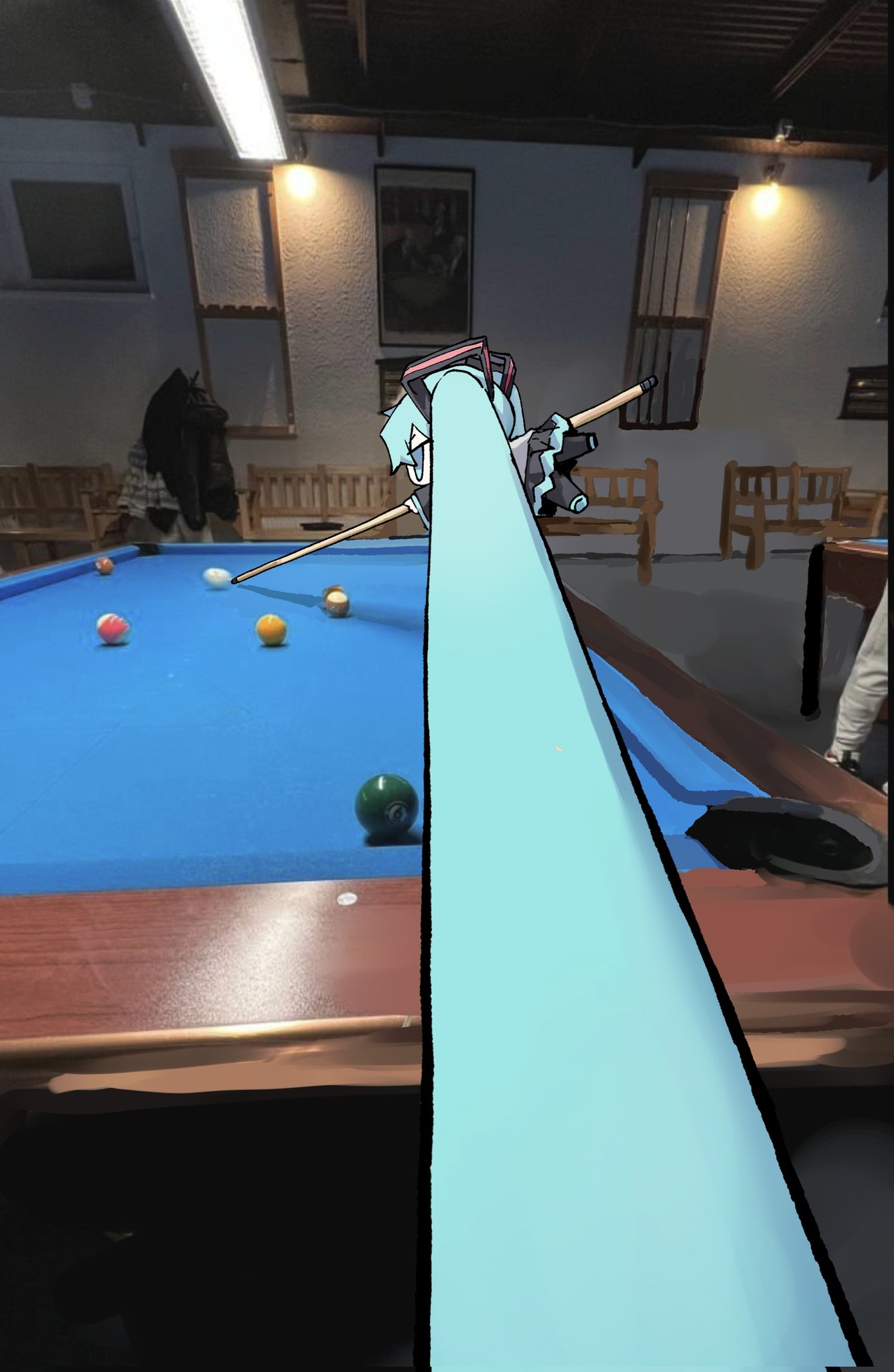 1girl, absurdly_long_hair, aqua_eyes, aqua_hair, ball, bench, billiard_ball, billiards