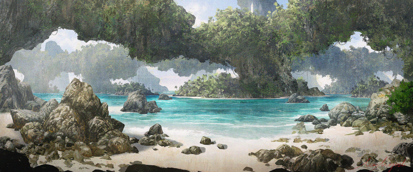 beach, commentary_request, day, forest, highres, landscape, miyoshi_nao_(miyoshist), nature