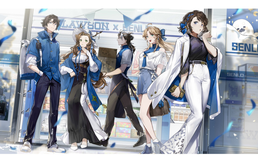 2boys, 3girls, :d, ahoge, alternate_costume, antlers, apron, arms_behind_back