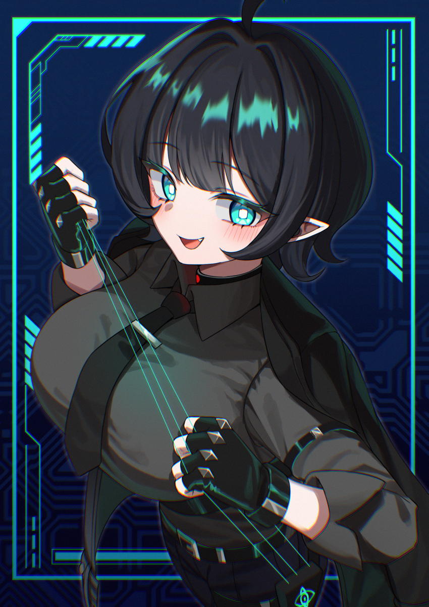 1girl, absurdres, ahoge, aqua_eyes, belt, black_belt, black_choker, black_gloves, black_hair, black_jacket, black_necktie, black_pants, black_shirt, blush, breasts, bright_pupils, choker, collared_shirt, fingerless_gloves, from_above, gloves, highres, huge_breasts, jacket, jacket_on_shoulders, jinggun, long_sleeves, looking_at_viewer, medium_hair, mute_(trickcal), necktie, open_mouth, pants, pointy_ears, shirt, sidelocks, solo, spiked_gloves, square_pupils, symbol-shaped_pupils, thigh_strap, trickcal, upper_body, white_pupils