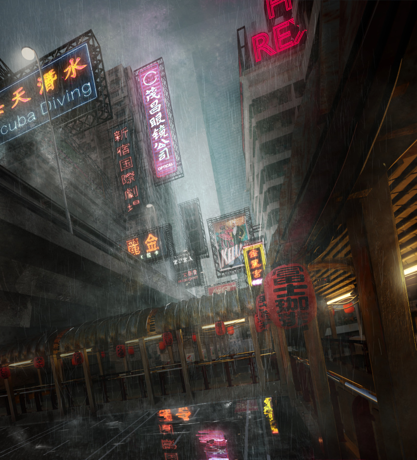 absurdres, building, cityscape, commentary_request, highres, lamppost, neon_sign, no_humans