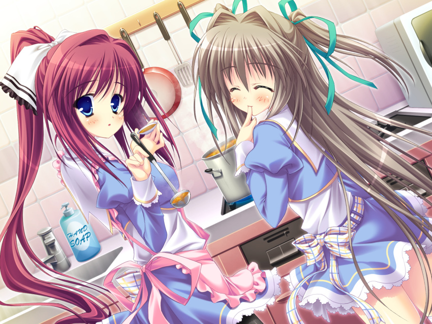 2girls, aigusa_mari, apron, can_fes, food, game_cg, hinamatsuri_touko, long_hair