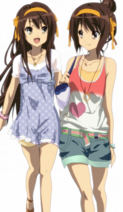 bad_id, brown_eyes, brown_hair, casual, dual_persona, hair_bun, hair_ribbon, hairband, long_hair, momoiro_tanuki, ribbon, short_hair, suzumiya_haruhi, suzumiya_haruhi_no_shoushitsu, suzumiya_haruhi_no_yuuutsu