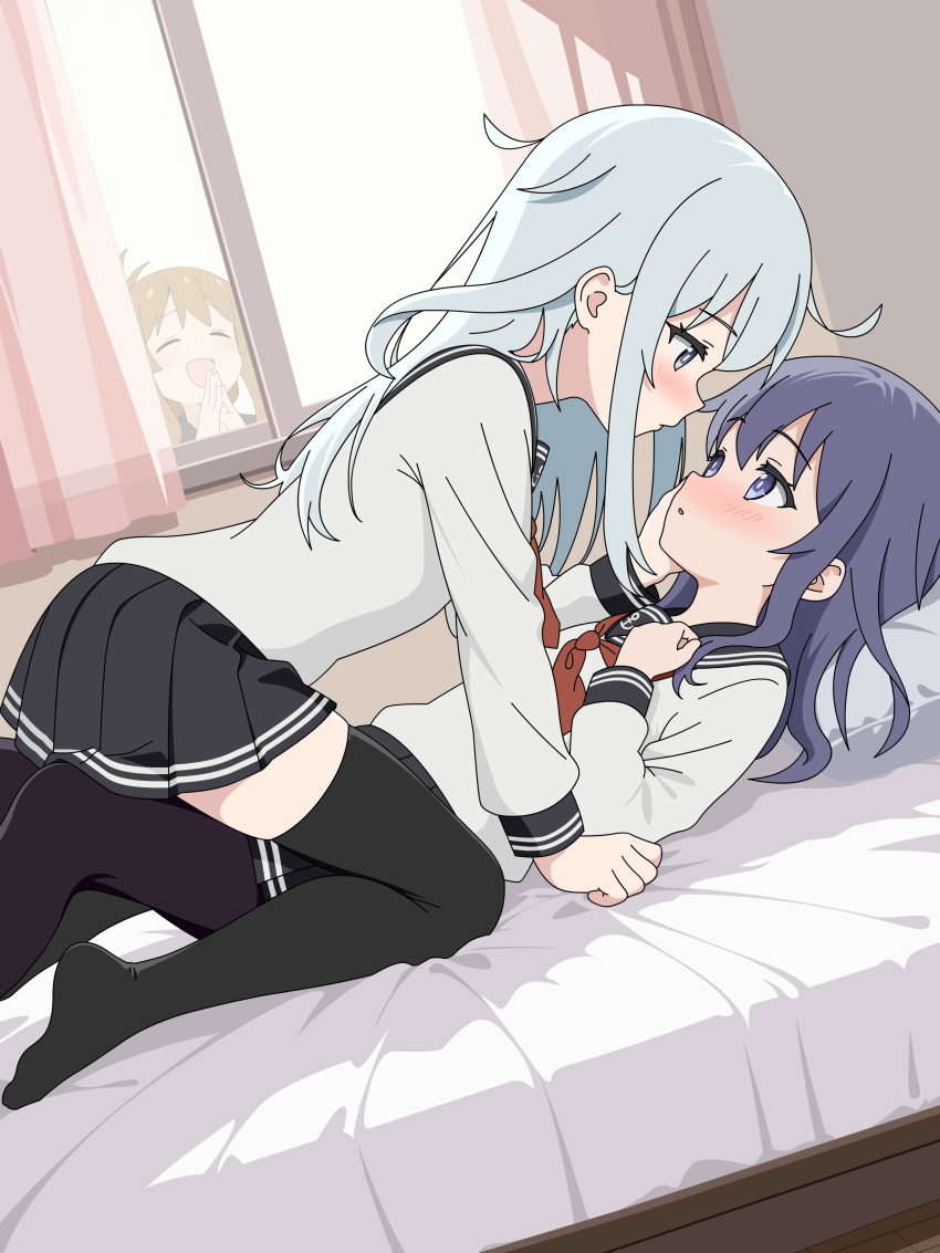 3girls, absurdres, akatsuki_(kancolle), anchor_symbol, bed, black_sailor_collar, blue_eyes, blush
