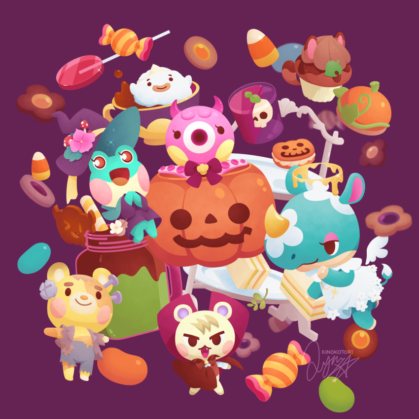 2boys, 3girls, animal_crossing, azalea_(animal_crossing), bear_boy, candy, candy_corn, character-themed_food
